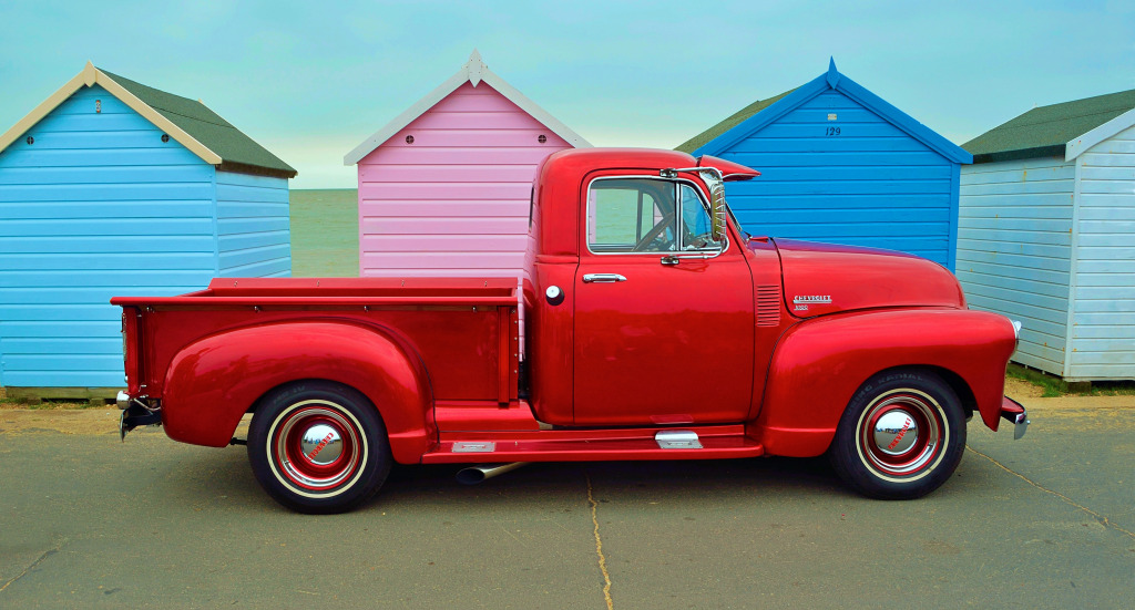 Picape Chevrolet 3100 clássica em Felixstowe jigsaw puzzle in Carros & Motos puzzles on TheJigsawPuzzles.com