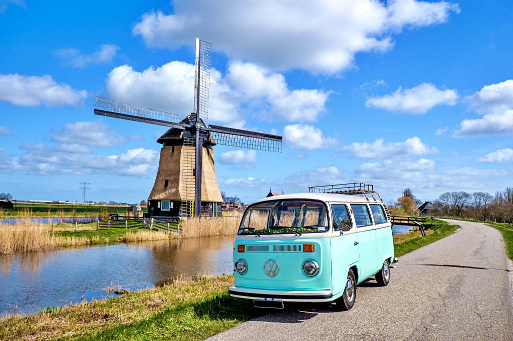 VW Camper Van and Windmill in Alkmaar jigsaw puzzle in Puzzle of the Day puzzles on TheJigsawPuzzles.com