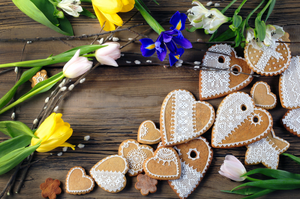 Heart-Shaped Gingerbread and Flowers jigsaw puzzle in Valentine's Day puzzles on TheJigsawPuzzles.com