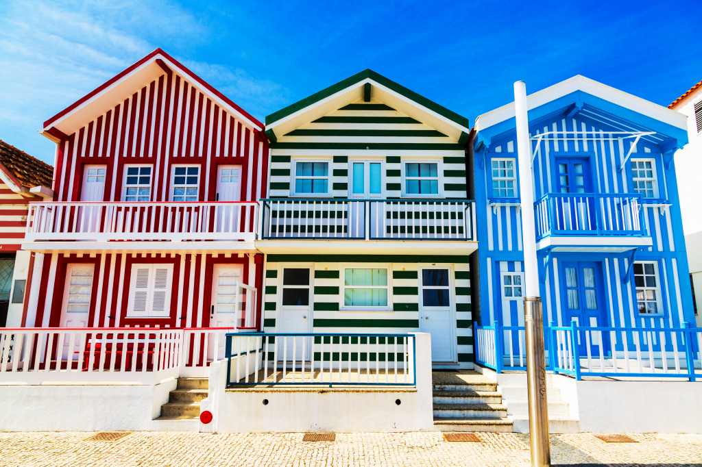 Striped Palheiros Houses in Costa Nova, Portugal jigsaw puzzle in Street View puzzles on TheJigsawPuzzles.com