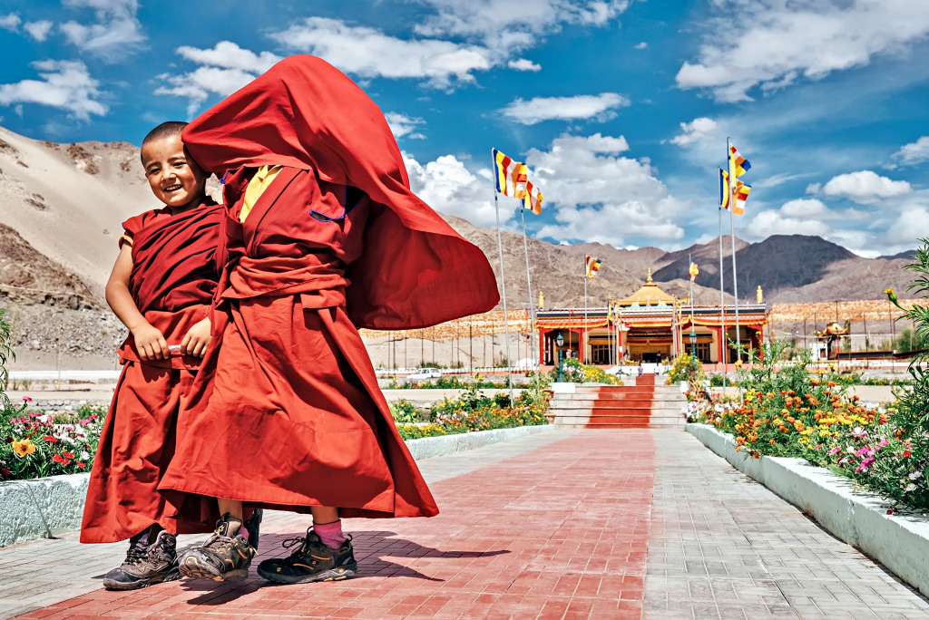 Two Little Boys Monks in Thiksey Monastery, India jigsaw puzzle in People puzzles on TheJigsawPuzzles.com