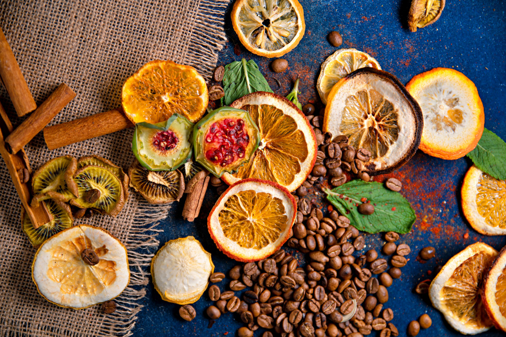 Table with Coffee Beans, Dried Fruits and Cinnamon jigsaw puzzle in Fruits & Veggies puzzles on TheJigsawPuzzles.com