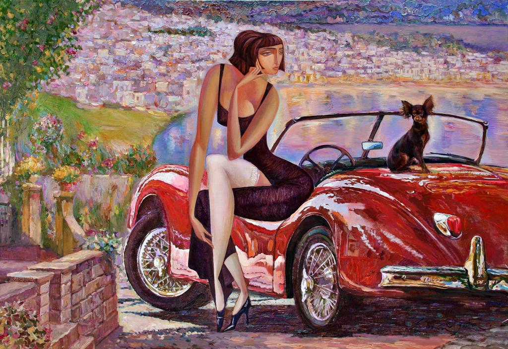 Senhora, cão e carro retro jigsaw puzzle in Obras de Arte puzzles on TheJigsawPuzzles.com