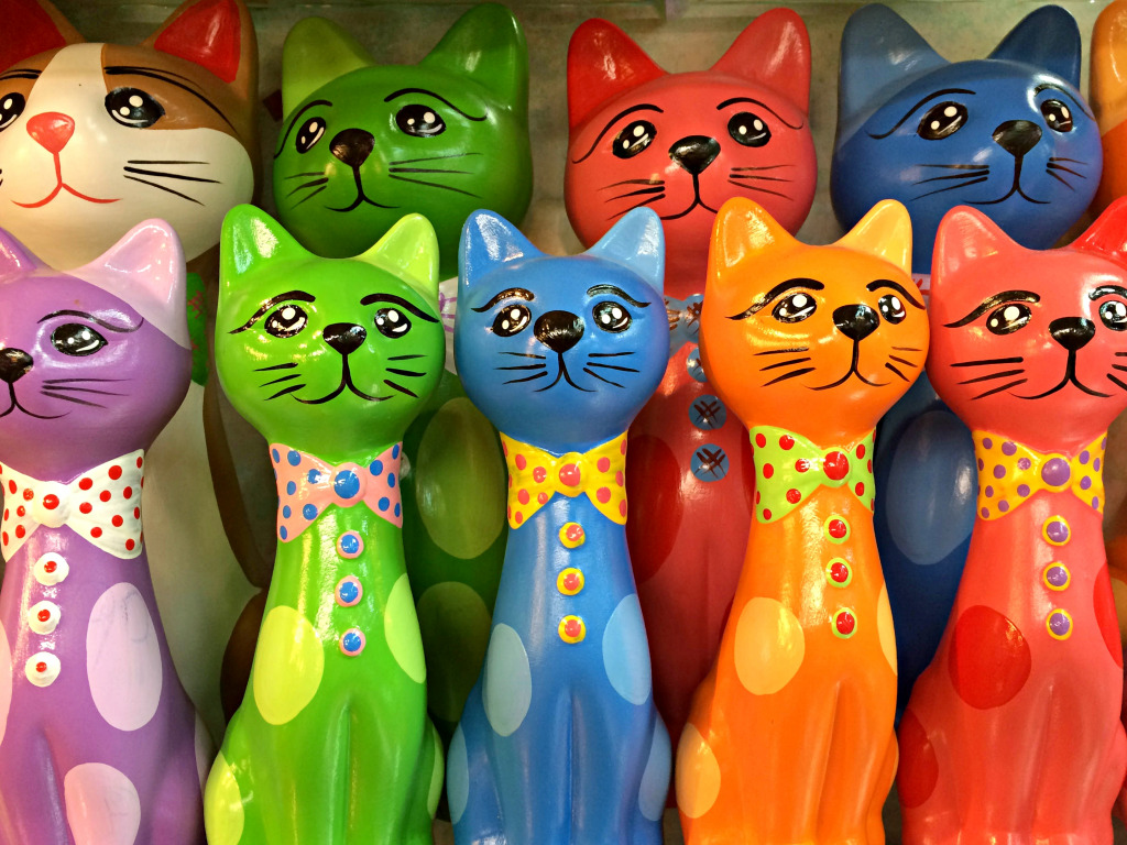 Colorful Handmade Cat Figurines jigsaw puzzle in Puzzle of the Day puzzles on TheJigsawPuzzles.com