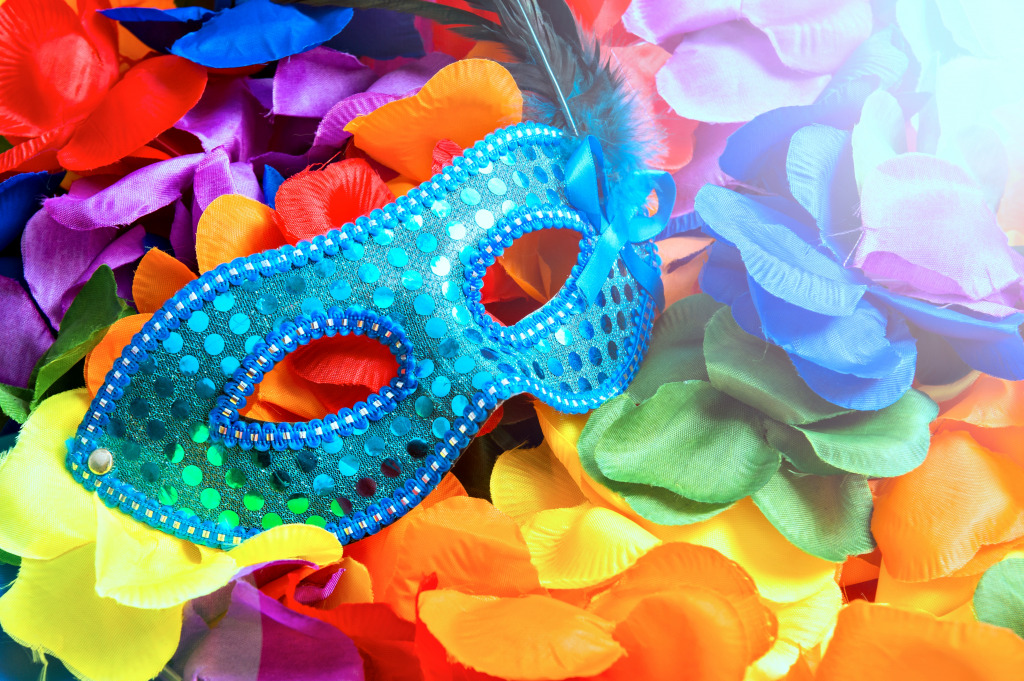 Carnival Mask on Rainbow Flower Garlands jigsaw puzzle in Macro puzzles on TheJigsawPuzzles.com