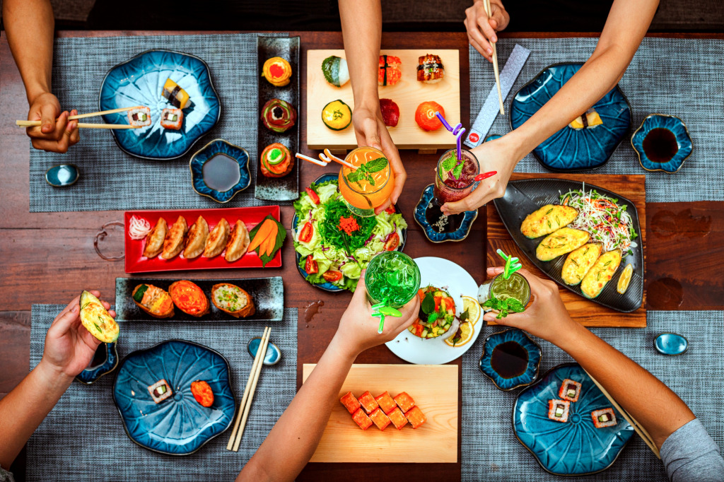 Enjoying Japanese Cuisine jigsaw puzzle in Food & Bakery puzzles on TheJigsawPuzzles.com