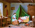 Knitting Girl and Sleeping Children in an Interior