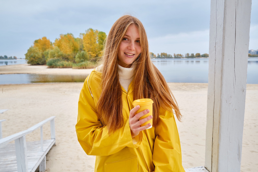 WomanYellowCoatCup jigsaw puzzle in Tim Westfeldt puzzles on TheJigsawPuzzles.com