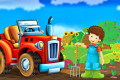 Cartoon Scene with Tractor and Farmer