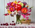 Garden Flowers in a Glass Vase and Fruits