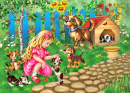 Little Girl Playing with Puppies