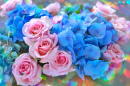 Blue Hydrangeas and Pink Roses
