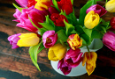 Colorful Bouquet of Tulips on a Wooden Table