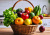Fresh Fruits and Vegetables in a Wicker Basket