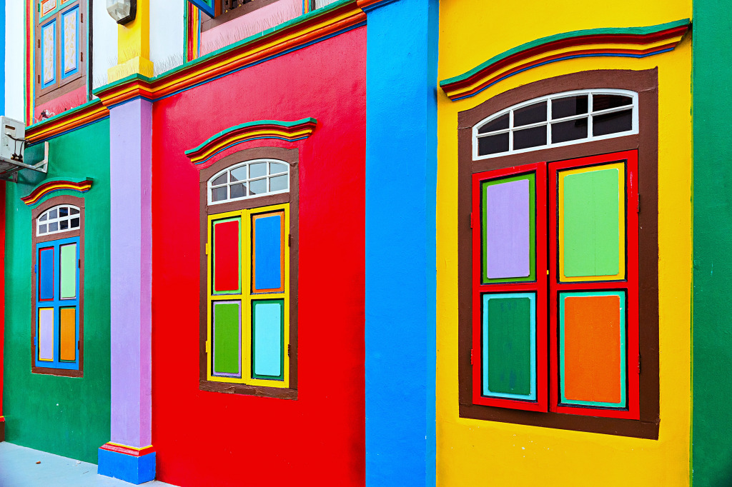 The Colorful Facades in Little India, Singapore jigsaw puzzle in Street View puzzles on TheJigsawPuzzles.com