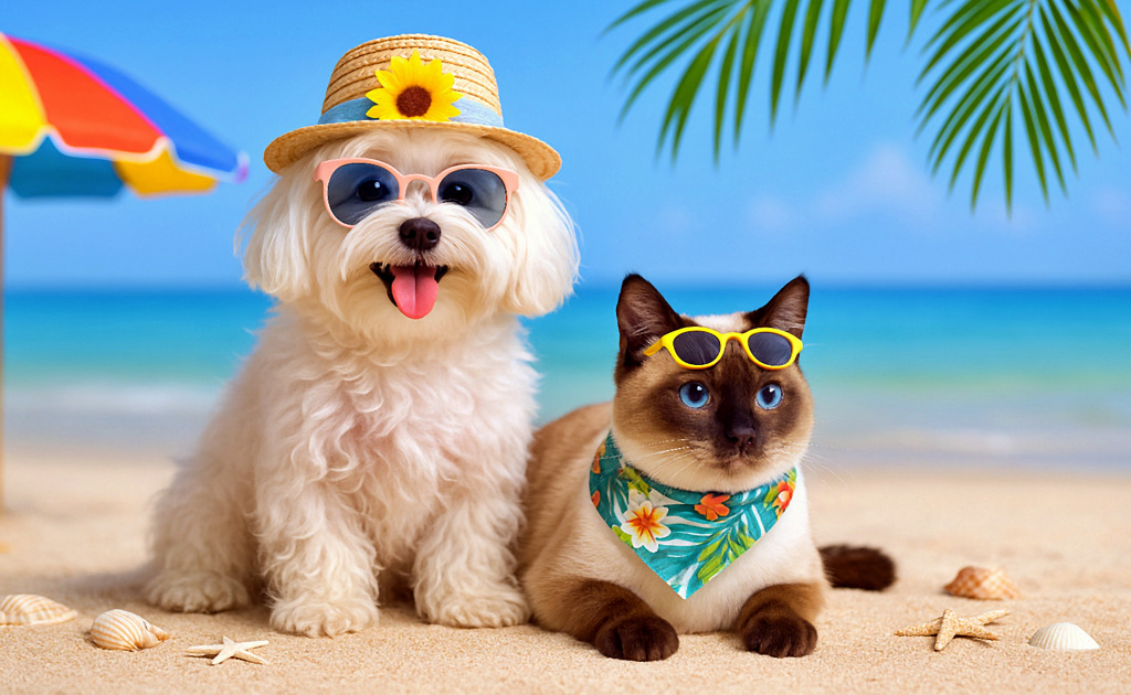 A Maltese Dog and a Siamese Cat on the Beach jigsaw puzzle in Puzzle of the Day puzzles on TheJigsawPuzzles.com