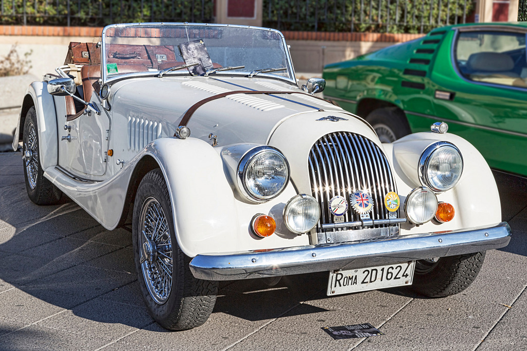 A White Morgan +4 Sports Car in Rome, Italy jigsaw puzzle in Cars & Bikes puzzles on TheJigsawPuzzles.com