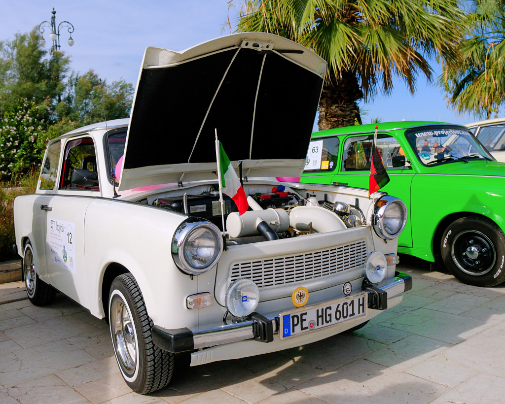 White Trabant Sedan Classic in Cesenatico, Italy jigsaw puzzle in Cars & Bikes puzzles on TheJigsawPuzzles.com