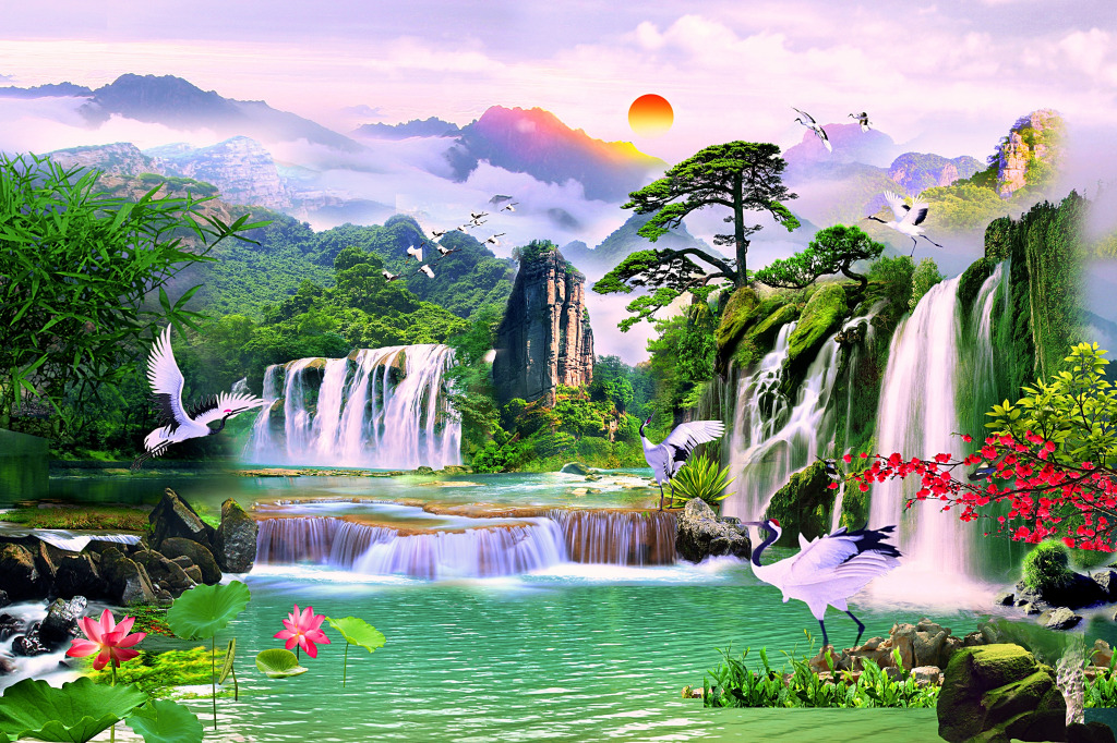 Picturesque Landscape with Waterfalls jigsaw puzzle in Waterfalls puzzles on TheJigsawPuzzles.com