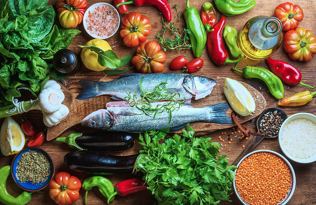 Raw Sea Bass with Vegetables, Grains and Herbs jigsaw puzzle in Food & Bakery puzzles on TheJigsawPuzzles.com