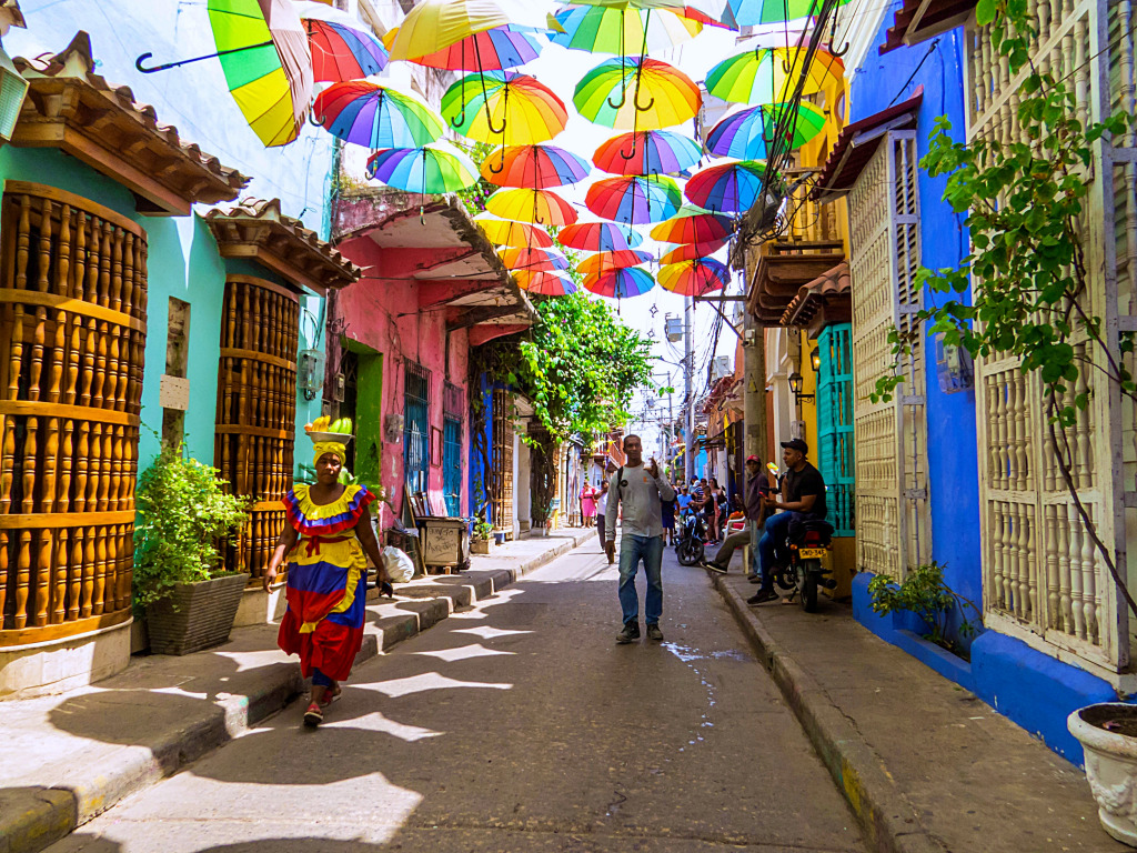 The Famous Umbrella Street, Cartagena, Colombia jigsaw puzzle in Street View puzzles on TheJigsawPuzzles.com