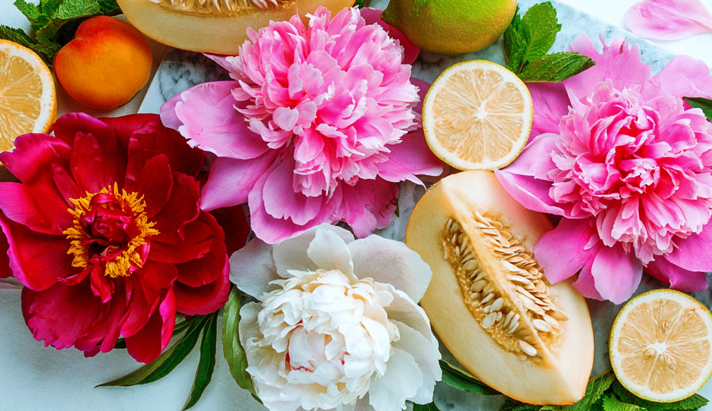 A Beautiful Composition of Peonies and Fruits jigsaw puzzle in Flowers puzzles on TheJigsawPuzzles.com