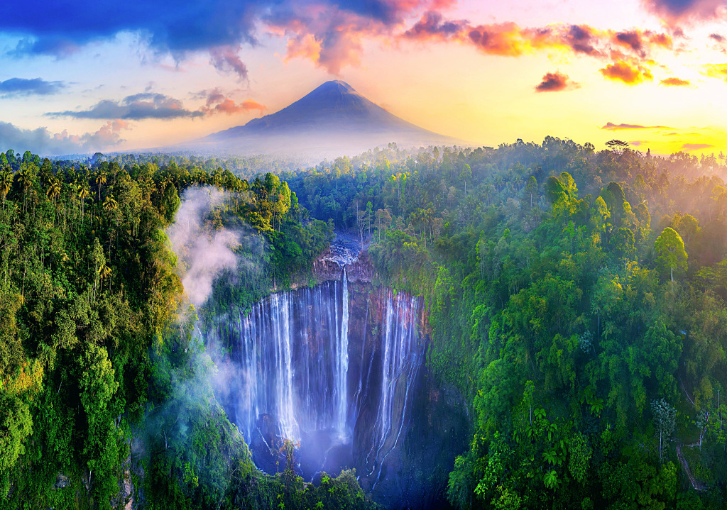 Tumpak Sewu Waterfall at Sunrise, Indonesia jigsaw puzzle in Waterfalls puzzles on TheJigsawPuzzles.com