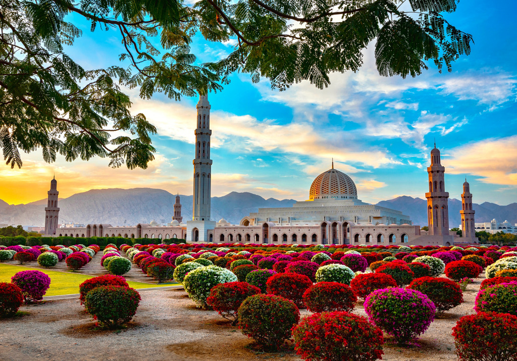 Morning View of Grand Mosque, Oman jigsaw puzzle in Street View puzzles on TheJigsawPuzzles.com