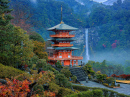 A Pagoda near a Waterfall in Japan