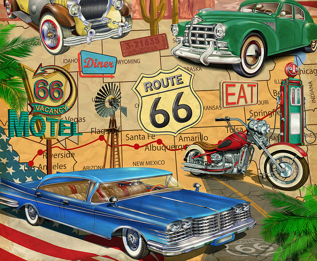 Affiche vintage de la Route 66 jigsaw puzzle in Voitures et Motos puzzles on TheJigsawPuzzles.com