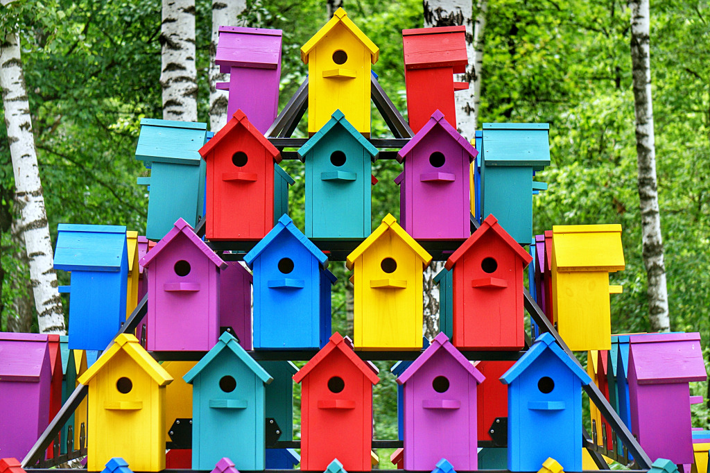 Colorful Birdhouses in the Park jigsaw puzzle in Puzzle of the Day puzzles on TheJigsawPuzzles.com