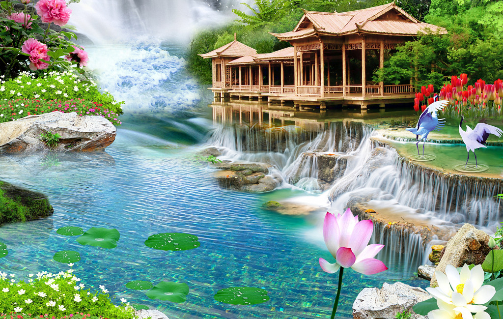 Beautiful Landscape with Waterfalls jigsaw puzzle in Waterfalls puzzles on TheJigsawPuzzles.com