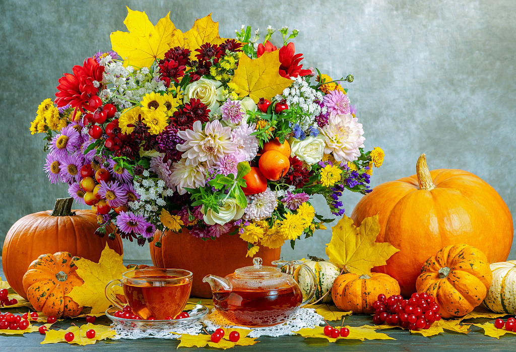 Autumn Bouquet with Tea jigsaw puzzle in Flowers puzzles on TheJigsawPuzzles.com