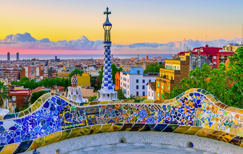 Barcelona City at Sunrise Seen from Park Güell jigsaw puzzle in Street View puzzles on TheJigsawPuzzles.com