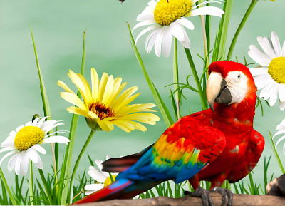 Colorful Macaw among Beautiful Flowers