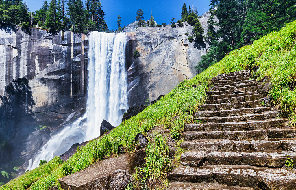 Vernal Falls, Yosemite National Park, the Misty Trail Is A Slippery, One-Mile Trail That Winds Through the Spray of the Falls jigsaw puzzle in Waterfalls puzzles on TheJigsawPuzzles.com