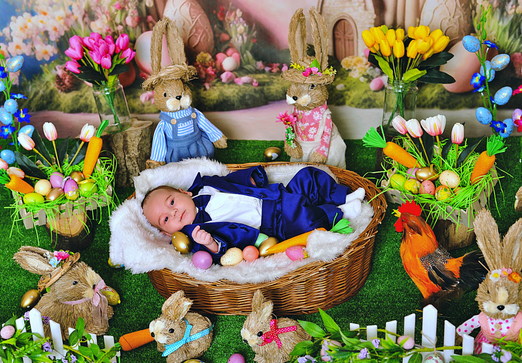 A Cute Baby among Easter Decorations jigsaw puzzle in Puzzle of the Day puzzles on TheJigsawPuzzles.com