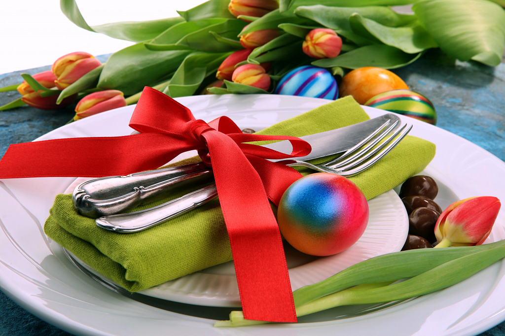 Mesa festiva de Páscoa com Tulipas jigsaw puzzle in Alimentação puzzles on TheJigsawPuzzles.com