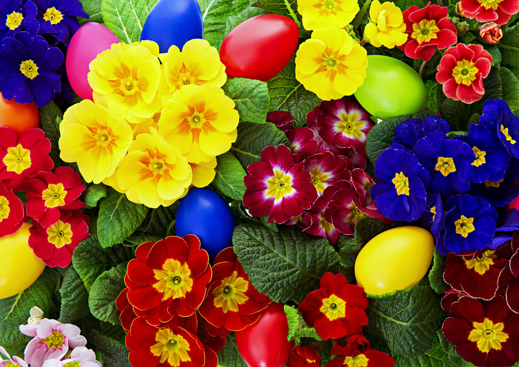 Primrose Flowers Decorated with Easter Eggs jigsaw puzzle in Flowers puzzles on TheJigsawPuzzles.com