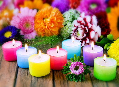 Colorful Tea Lights and Flowers