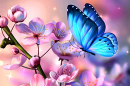 Blue Butterfly and Pink Cherry Blossoms