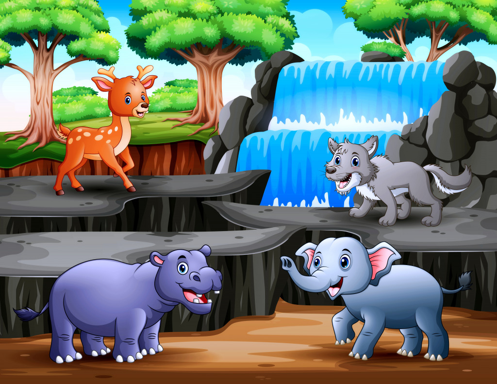 Animais Engraçados em uma Cachoeira da Floresta jigsaw puzzle in Animais puzzles on TheJigsawPuzzles.com