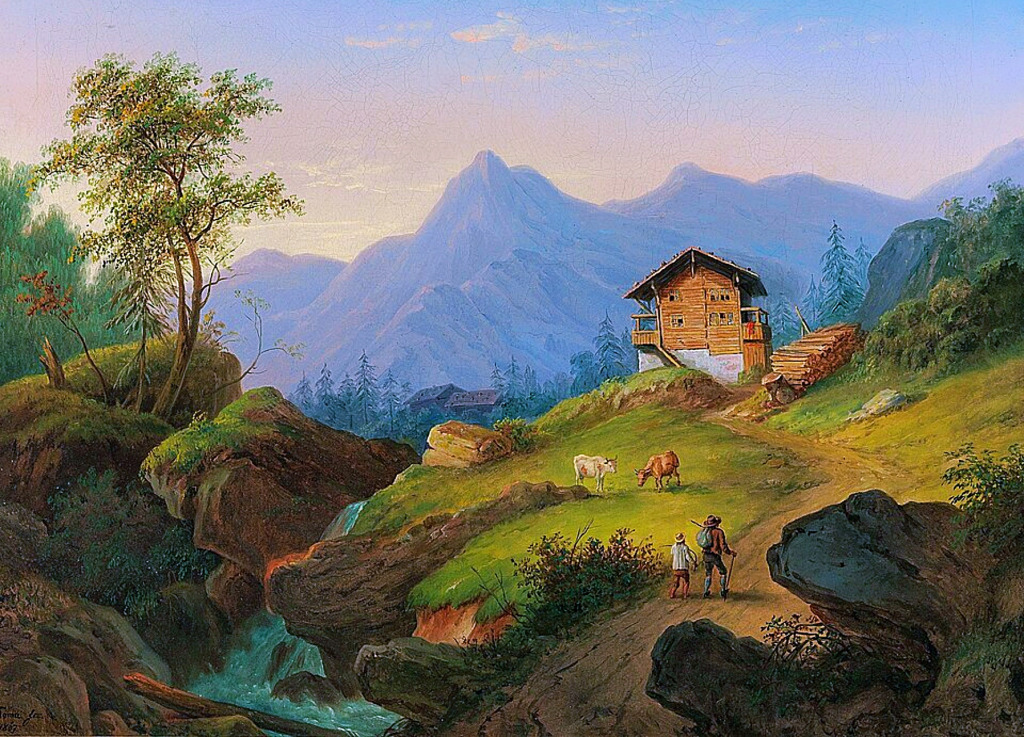 Paysage montagneux avec randonneurs (1867) jigsaw puzzle in Chutes d'eau puzzles on TheJigsawPuzzles.com