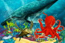 Cartoon Marine Life near a Coral Reef