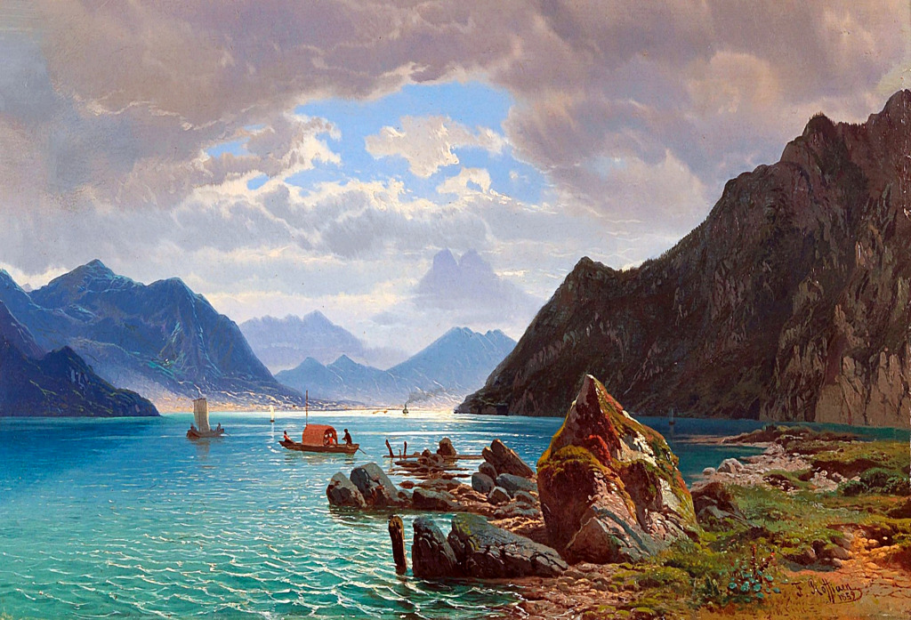 Lac de Lugano, Jean François Xavier Roffian (1859) jigsaw puzzle in Magnifiques vues puzzles on TheJigsawPuzzles.com