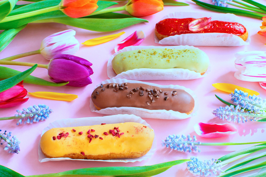 Delightful Eclairs and Vibrant Flowers jigsaw puzzle in Food & Bakery puzzles on TheJigsawPuzzles.com