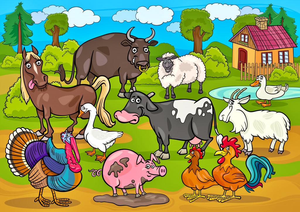 Glückliche Szene mit den Bauernhoftieren jigsaw puzzle in Kinder Puzzles puzzles on TheJigsawPuzzles.com