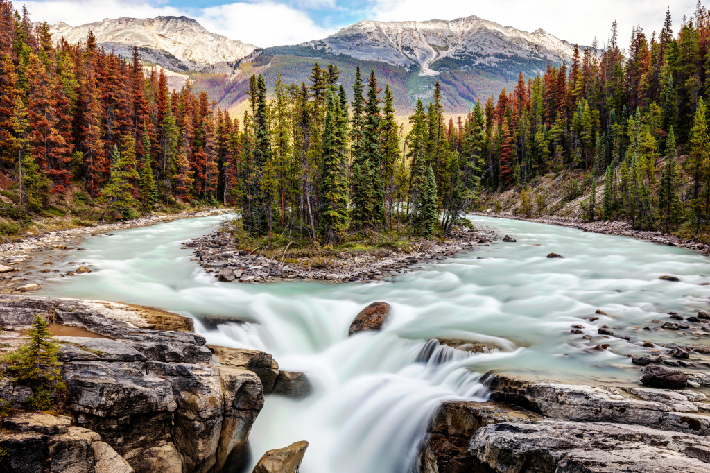 Les chutes Sunwapta dans le parc national Jasper, Alberta, Canada jigsaw puzzle in Chutes d'eau puzzles on TheJigsawPuzzles.com