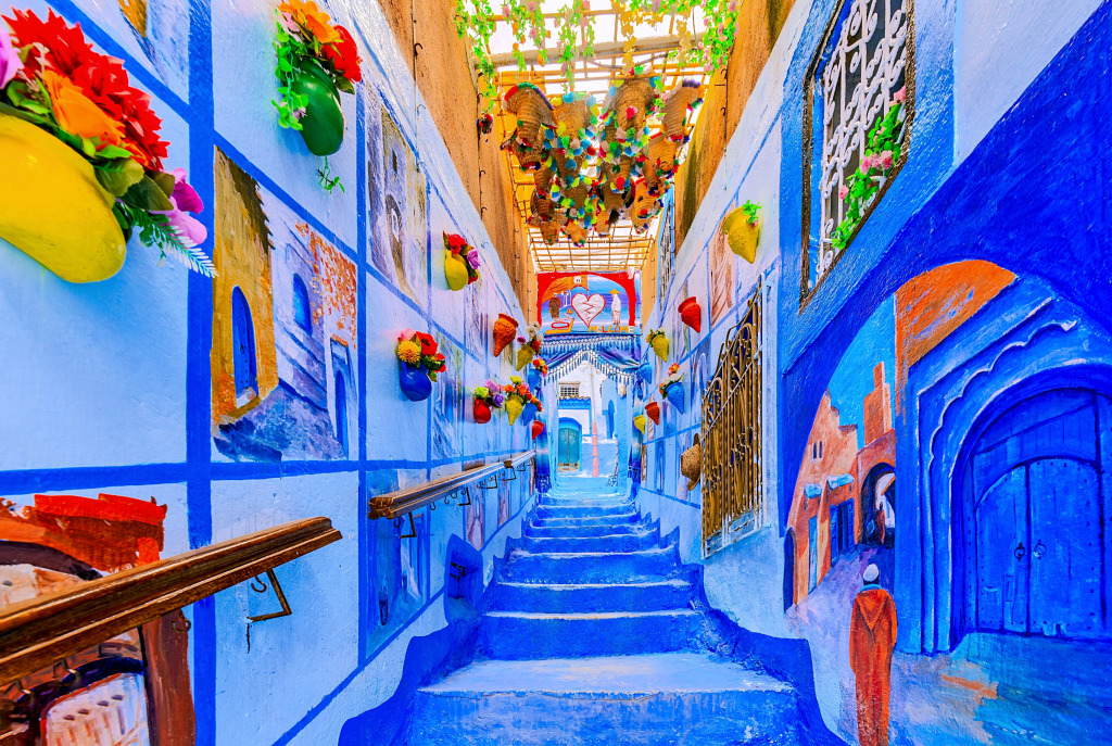 Narrow Alley of the Medina of Chefchaouen, Morocco jigsaw puzzle in Street View puzzles on TheJigsawPuzzles.com