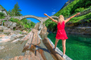 Woman at a Roman Stone Bridge in Lavertezzo